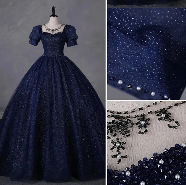 Vintage / Retro Navy Blue Beading Pearl Sequins Prom Dresses 2023 Ball Gown Square Neckline Short Sleeve Backless Floor-Length / Long Prom Formal Dresses