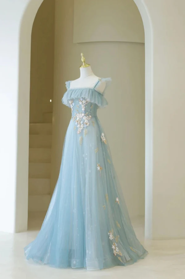 Mode Bleu Ciel Étoile Paillettes Robe De Bal 2024 Princesse Encolure Carrée Sans Manches Dos Nu Longue Robe De Ceremonie