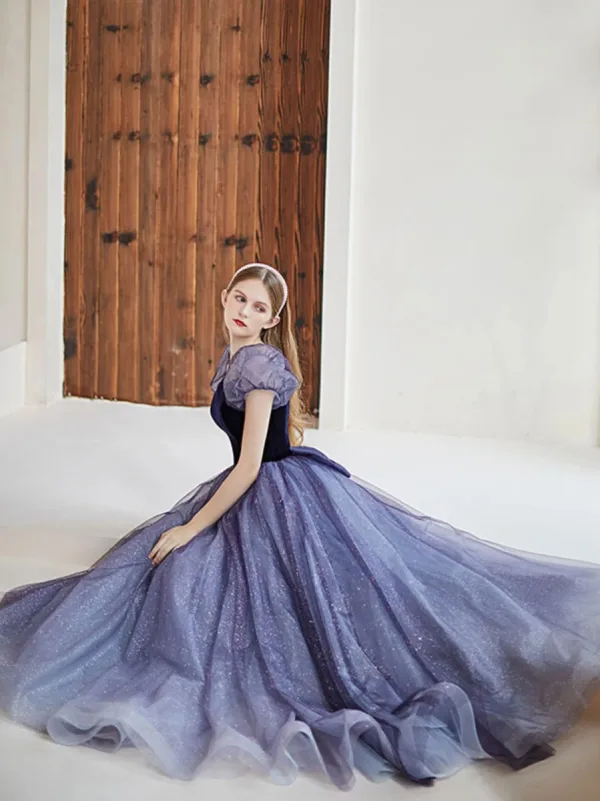 Vintage / Retro Glitter Navy Blue Prom Dresses 2024 A-Line / Princess Square Neckline Puffy Short Sleeve Backless Bow Floor-Length / Long Formal Dresses