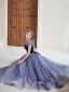 Vintage / Retro Glitter Navy Blue Prom Dresses 2024 A-Line / Princess Square Neckline Puffy Short Sleeve Backless Bow Floor-Length / Long Formal Dresses