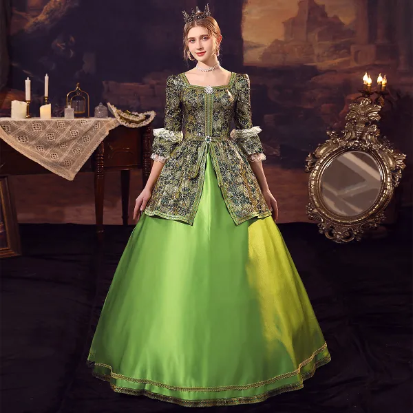 Vintage / Retro Medieval Cosplay Lime Green Prom Dresses 2024 3/4 Sleeve Crossed Straps Square Neckline Floor-Length / Long Satin Ball Gown Formal Dresses