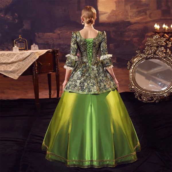 Vintage / Retro Medieval Cosplay Lime Green Prom Dresses 2024 3/4 Sleeve Crossed Straps Square Neckline Floor-Length / Long Satin Ball Gown Formal Dresses