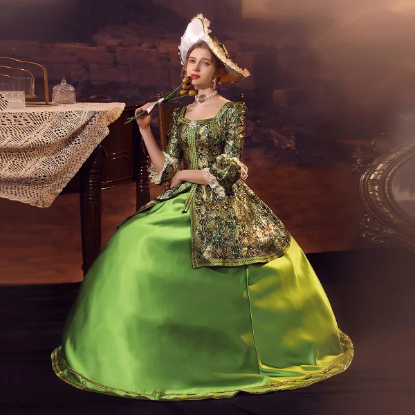 Vintage / Retro Medieval Cosplay Lime Green Prom Dresses 2024 3/4 Sleeve Crossed Straps Square Neckline Floor-Length / Long Satin Ball Gown Formal Dresses