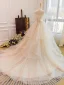 Charming Champagne Lace Flower Cascading Ruffles Wedding Dresses 2024 Ball Gown Strapless Sleeveless Backless Court Train