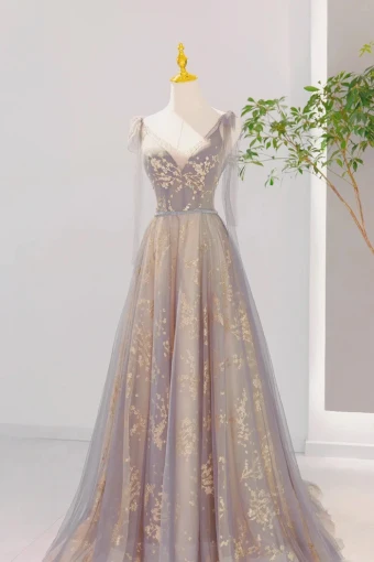 Charming Grey Sequins Prom Dresses 2024 A Line Princess High Neck Sleeveless Backless Sweep Train Prom Formal Dresses