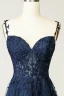 Vintage / Retro Navy Blue Rhinestone Lace Flower Prom Dresses 2024 A-Line / Princess Spaghetti Straps Sleeveless Backless Sweep Train Prom Formal Dresses
