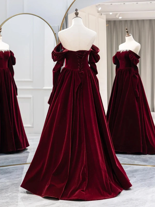 Elegant Burgundy Velvet Prom Dresses 2024 A-Line / Princess Off-The-Shoulder Long Sleeve Backless Floor-Length / Long Prom Formal Dresses