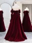 Elegant Burgundy Velvet Prom Dresses 2024 A-Line / Princess Off-The-Shoulder Long Sleeve Backless Floor-Length / Long Prom Formal Dresses