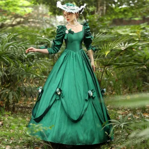 Middelalder Vintage Grønn Blomst Ballkjoler 2024 Kryssede Stropper Lange Satin U Hals Cosplay 1 2 Ermer Ballkjole Ball Formelle Kjoler