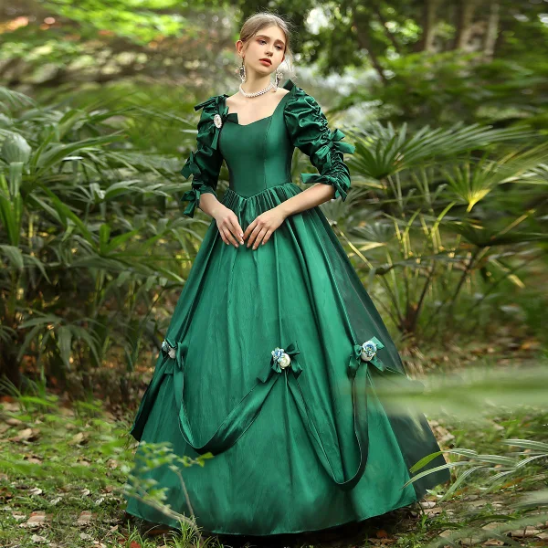 Medieval Vintage / Retro Green Flower Prom Dresses 2024 Crossed Straps Floor-Length / Long Satin U-Neck Cosplay 1/2 Sleeves Ball Gown Prom Formal Dresses