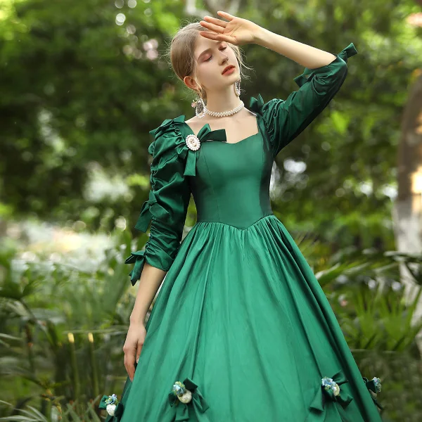 Medieval Vintage / Retro Green Flower Prom Dresses 2024 Crossed Straps Floor-Length / Long Satin U-Neck Cosplay 1/2 Sleeves Ball Gown Prom Formal Dresses