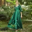 Medieval Vintage / Retro Green Flower Prom Dresses 2024 Crossed Straps Floor-Length / Long Satin U-Neck Cosplay 1/2 Sleeves Ball Gown Prom Formal Dresses