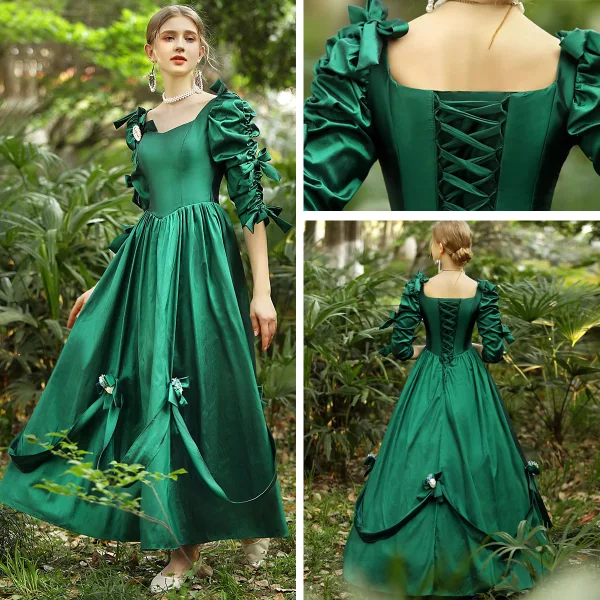 Medieval Vintage / Retro Green Flower Prom Dresses 2024 Crossed Straps Floor-Length / Long Satin U-Neck Cosplay 1/2 Sleeves Ball Gown Prom Formal Dresses