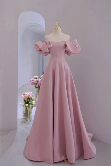 Modest Simple Elegant Blushing Pink Satin Prom Dresses 2024 A Line Princess Off The Shoulder Puffy Short Sleeve Backless Floor Length Long Formal Dresses