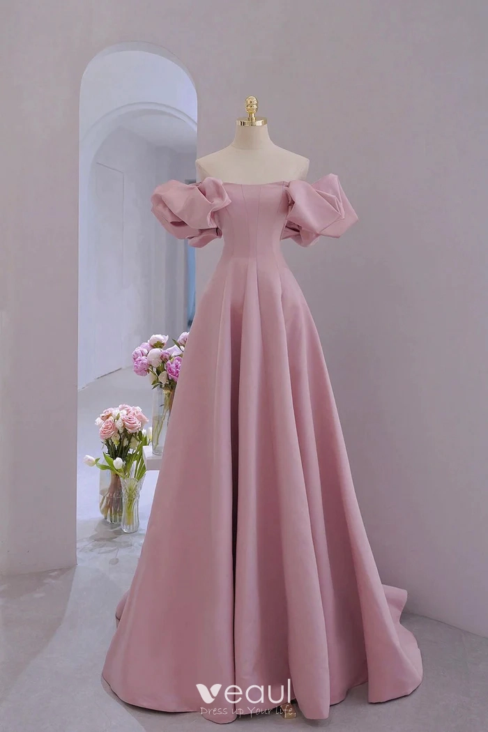 Modest / Simple Elegant Blushing Pink Satin Prom Dresses 2024 A-Line /  Princess Off-The-Shoulder Puffy Short Sleeve Backless Floor-Length / Long  ...