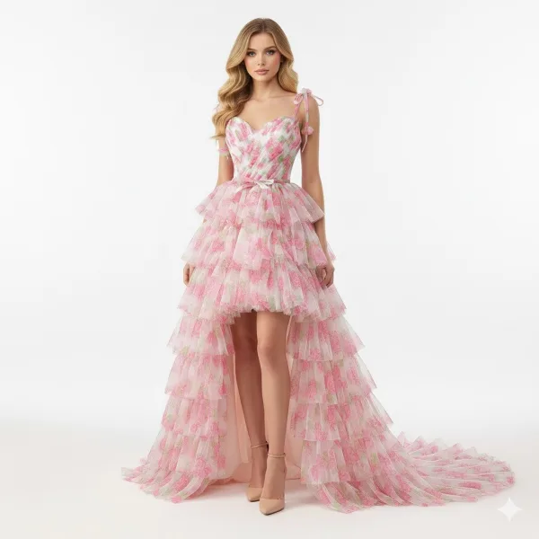 Flower Fairy Rose Flower Blushing Pink Prom Dresses 2025 Sweet 16 Homecoming A-Line / Princess Spaghetti Straps Formal Dresses Crossed Straps Detachable Sleeveless