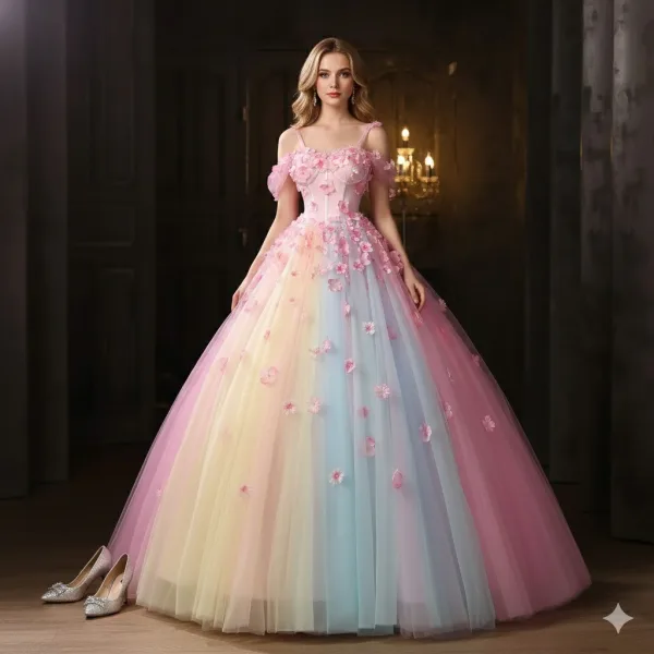 Blumenfee Rosa Regenbogen Perle Applikationen Ballkleider 2025 Ballkleid Spaghettiträger Ärmellos Rückenfreies Lange Festliche Kleider