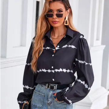 Casual Printing Black Tops Women Blouses 2021 Loose Lapel Long Sleeve Blouses