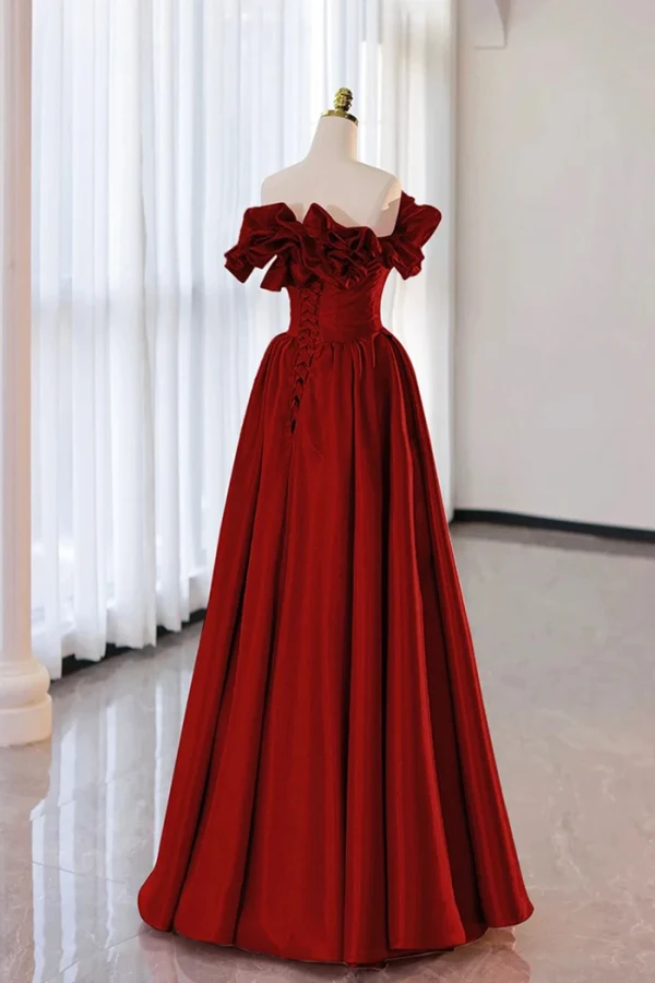 Elegant Burgundy Prom Dresses 2024 A-Line / Princess Ruffle Strapless Sleeveless Backless Floor-Length / Long Prom Formal Dresses