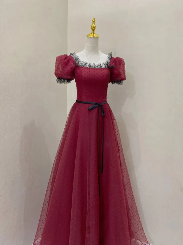 Chic / Beautiful Burgundy Spotted Prom Dresses 2024 A-Line / Princess Square Neckline Puffy Short Sleeve Backless Bow Sash Floor-Length / Long Formal Dresses