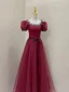 Chic / Beautiful Burgundy Spotted Prom Dresses 2024 A-Line / Princess Square Neckline Puffy Short Sleeve Backless Bow Sash Floor-Length / Long Formal Dresses