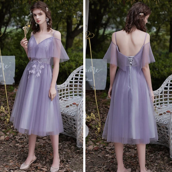 Affordable Lavender Bridesmaid Dresses 2020 A-Line / Princess Backless Appliques Lace Tea-length Ruffle Affordable Lavender Bridesmaid Dresses 2020 A-Line / Princess Backless Appliques Lace Tea-length Ruffle