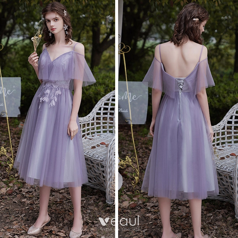 Lavender tea length bridesmaid dresses hotsell