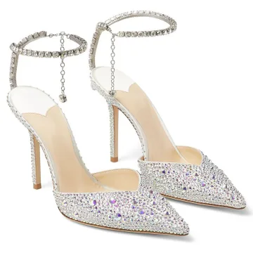 Uroczy Srebrny Skórzany Rhinestone Buty Ślubne 2022 8 Cm Szpilki Z Paskiem Szpiczaste Ślub Sandały Wysokie Obcasy
