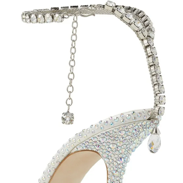 Charmant Silber Leder Strass Brautschuhe 2022 8 cm Stilettos Knöchelriemen Spitzschuh Hochzeit Sandaletten Hochhackige