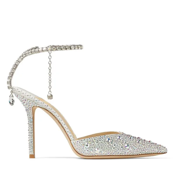 Charmant Silber Leder Strass Brautschuhe 2022 8 cm Stilettos Knöchelriemen Spitzschuh Hochzeit Sandaletten Hochhackige
