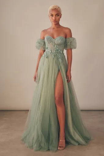 Corset Bodice Sage Green 3d Lace Split Front Prom Dresses Sweet 16 Short Sleeve A Line Princess