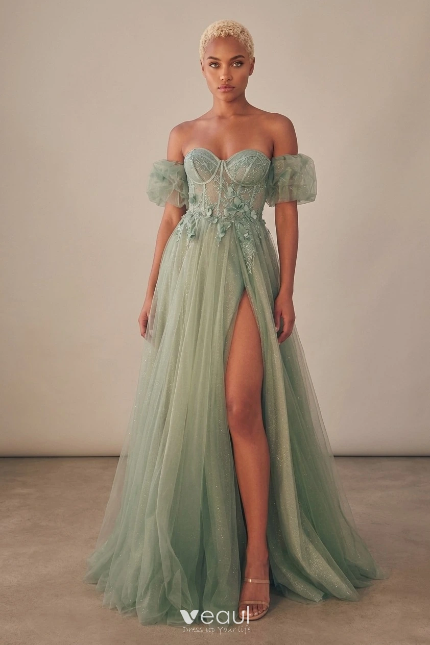 Corset-Bodice Sage Green 3D Lace Split Front Prom Dresses Sweet 16 Short  Sleeve A-Line / Princess