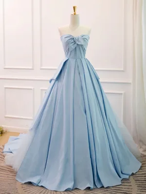 Fashion Satin Sky Blue Prom Dresses 2024 Ball Gown Strapless Sleeveless Backless Sweep Train Formal Dresses