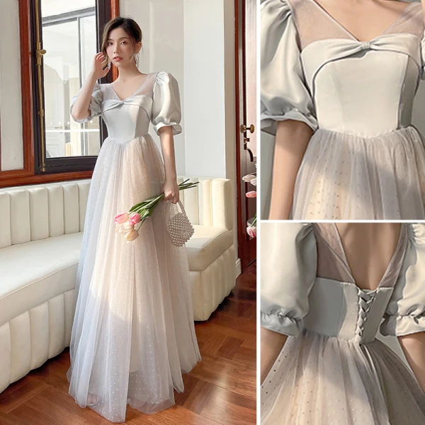 Modest / Simple Grey Spotted Bridesmaid Dresses 2022 A-Line / Princess Puffy Short Sleeve Backless Floor-Length / Long Bridesmaid Formal Dresses Bridesmaid Dresses