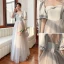 Modest / Simple Grey Spotted Bridesmaid Dresses 2022 A-Line / Princess Puffy Short Sleeve Backless Floor-Length / Long Bridesmaid Formal Dresses Bridesmaid Dresses