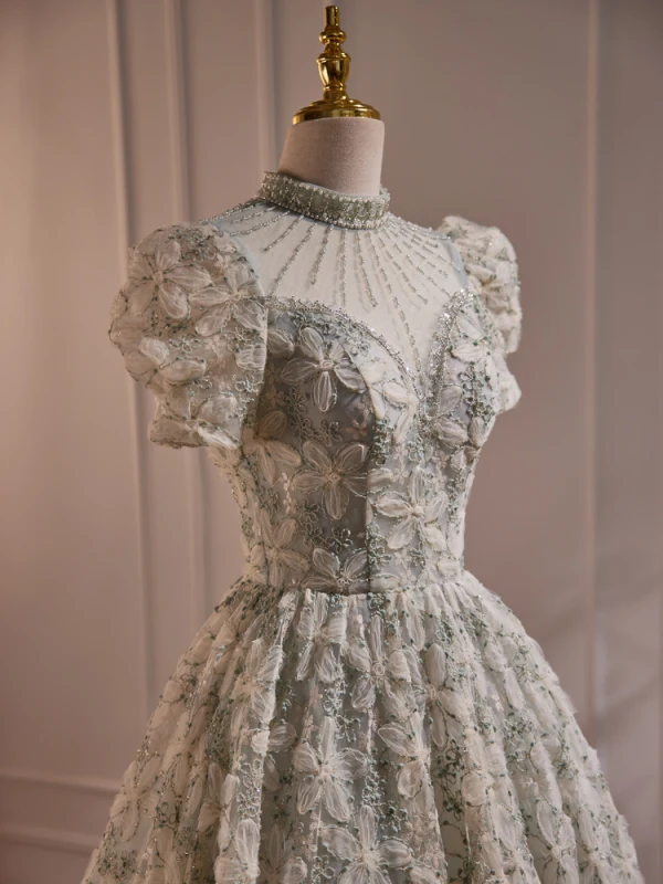 Chic / Beautiful Beading Pearl Sequins Printing Prom Dresses 2023 A-Line / Princess High Neck Floor-Length / Long Backless Short Sleeve Prom Formal Dresses