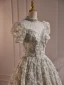 Chic / Beautiful Beading Pearl Sequins Printing Prom Dresses 2023 A-Line / Princess High Neck Floor-Length / Long Backless Short Sleeve Prom Formal Dresses