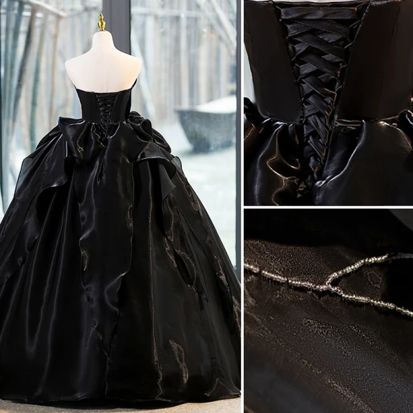 Charming Black Satin Cascading Ruffles Prom Dresses 2023 Ball Gown Strapless Sleeveless Backless Floor-Length / Long Prom Formal Dresses