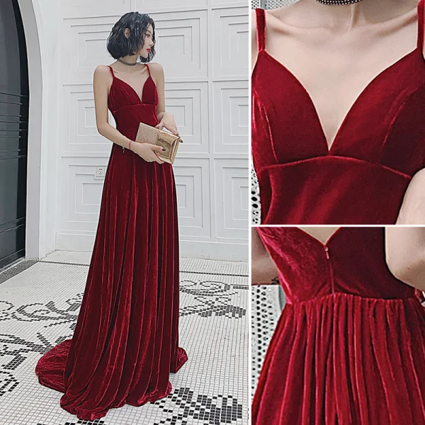 Charming Burgundy Suede Evening Dresses 2022 A-Line / Princess Spaghetti Straps Sleeveless Backless Floor-Length / Long Evening Party Formal Dresses