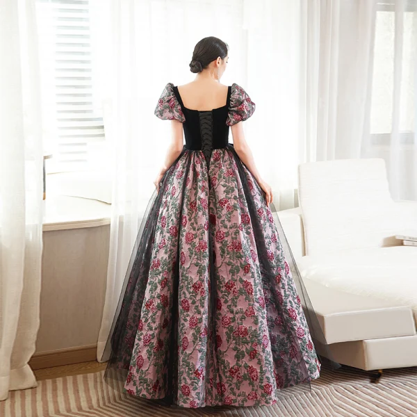 Élégant Noire Impression Robe De Bal 2023 Princesse Bretelles Spaghetti Manches Courtes Dos Nu Noeud Longue Promo Robe De Ceremonie