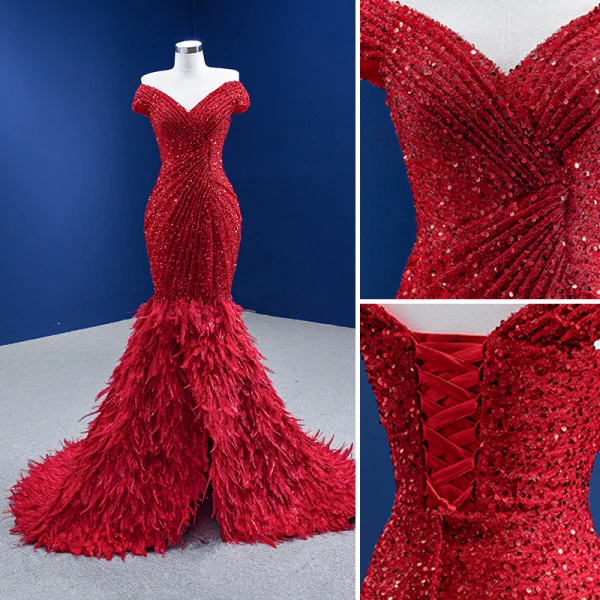 Haut de Gamme Luxe Rouge Robe De Soirée 2022 Trompette / Sirène De l'épaule Perlage Paillettes Manches Courtes Dos Nu Plumes Tribunal Train Soirée Robe De Ceremonie