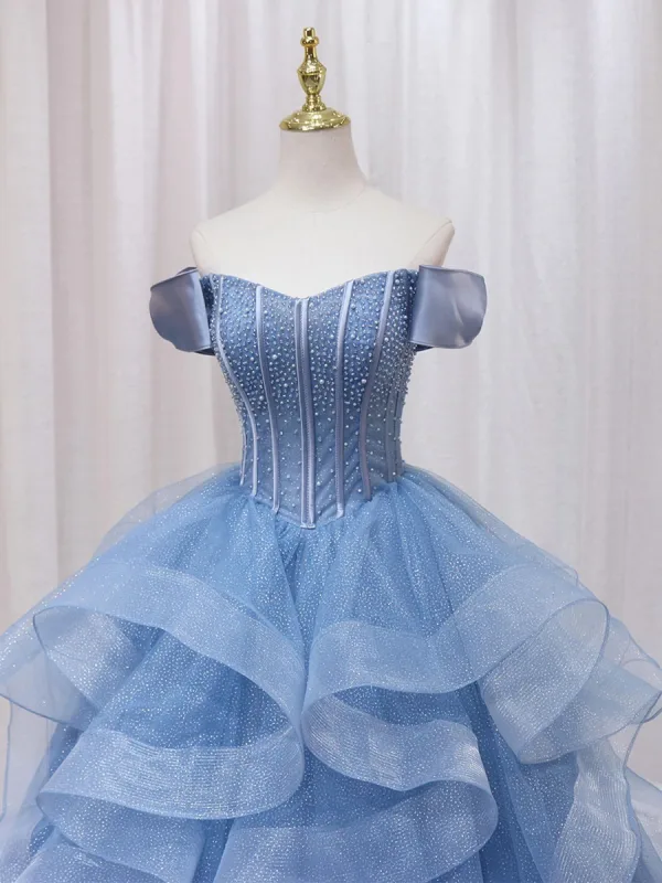 Scintillantes Bleu Ciel Perlage Paillettes Volants en Cascade Robe De Bal 2024 Robe Boule De l'épaule Manches Courtes Dos Nu Longue Robe De Ceremonie