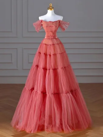 Chic Belle Watermelon Rouge Perlage Paillettes Robe De Bal 2024 Princesse De L Épaule Manches Courtes Dos Nu Longue Robe De Ceremonie