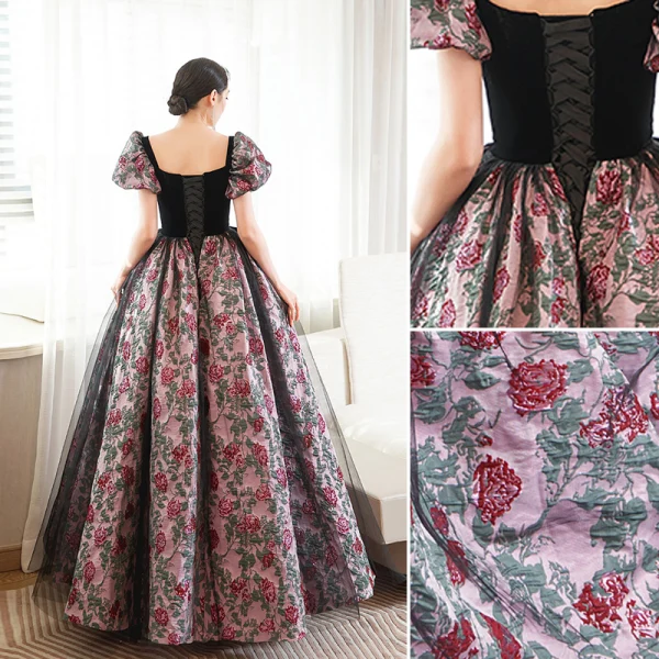 Élégant Noire Impression Robe De Bal 2023 Princesse Bretelles Spaghetti Manches Courtes Dos Nu Noeud Longue Promo Robe De Ceremonie
