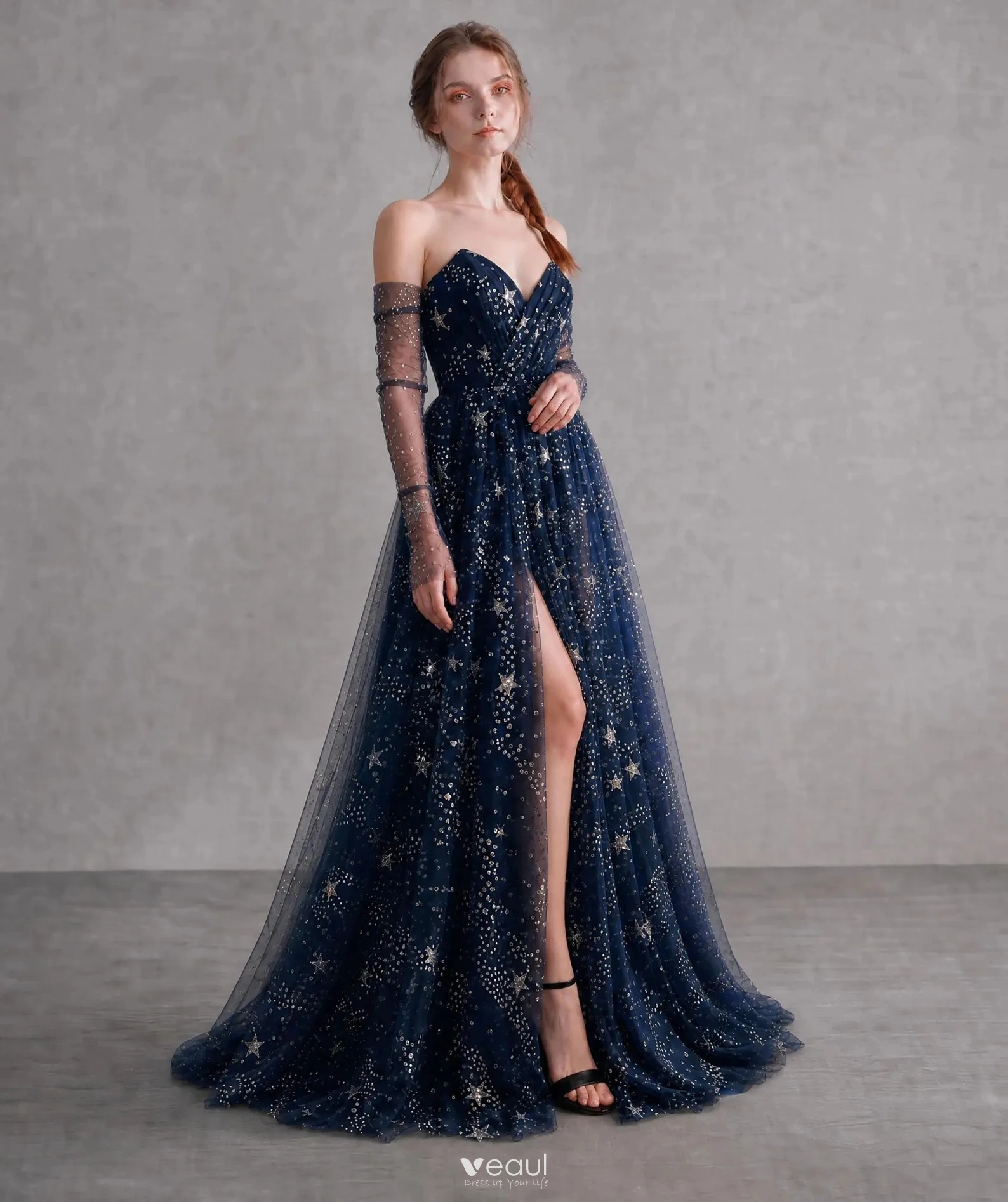 Sparkly Starry Sky Navy Blue Tulle Split Front Prom Dresses 2026