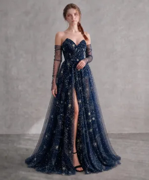 Sparkly Starry Sky Navy Blue Tulle Split Front Prom Dresses 2026