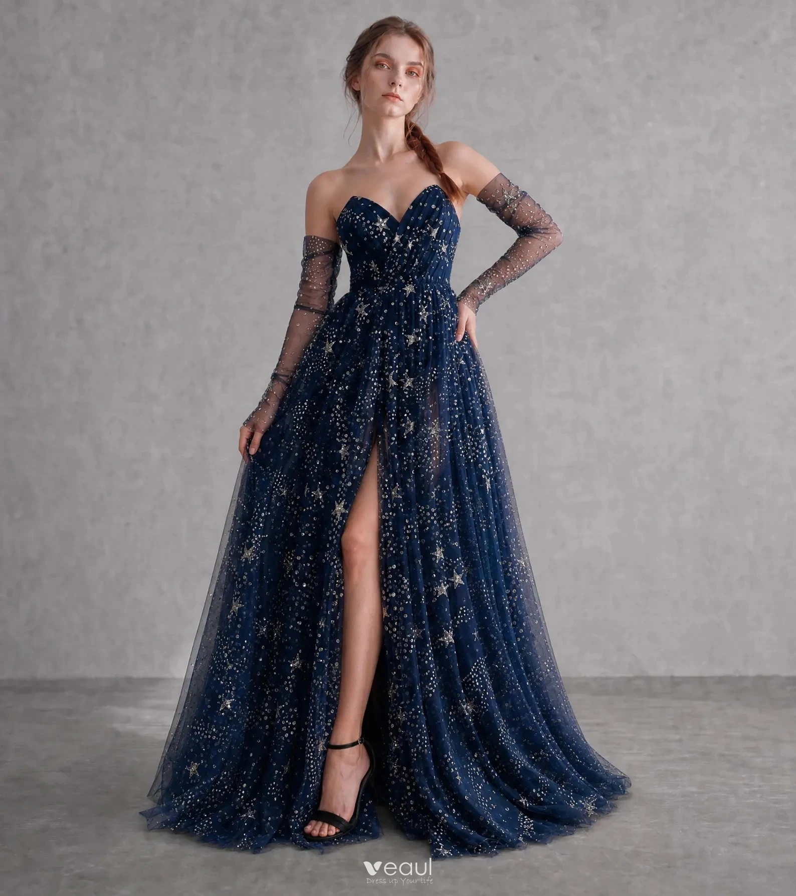 Sparkly Starry Sky Navy Blue Tulle Split Front Prom Dresses 2026 Sparkly Starry Sky Navy Blue Tulle Split Front Prom Dresses 2026
