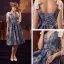 Chic / Beautiful Royal Blue A-Line / Princess Evening Dresses 2024 Medieval Vintage / Retro Flower Printing Deep V-Neck Knee-Length Evening Party Prom Sleeveless Prom Dresses