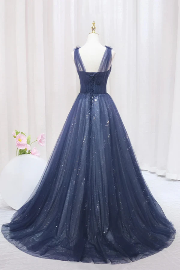 Vintage / Retro Navy Blue Beading Sequins Prom Dresses 2024 A-Line / Princess U-Neck Sleeveless Backless Sweep Train Prom Formal Dresses