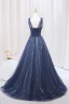 Vintage / Retro Navy Blue Beading Sequins Prom Dresses 2024 A-Line / Princess U-Neck Sleeveless Backless Sweep Train Prom Formal Dresses